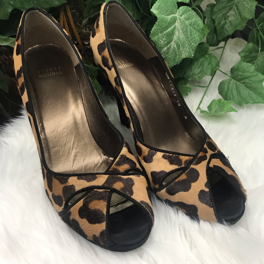 Stuart Weitzman Leopard Calf Hair Peep Toe Pumps size 10